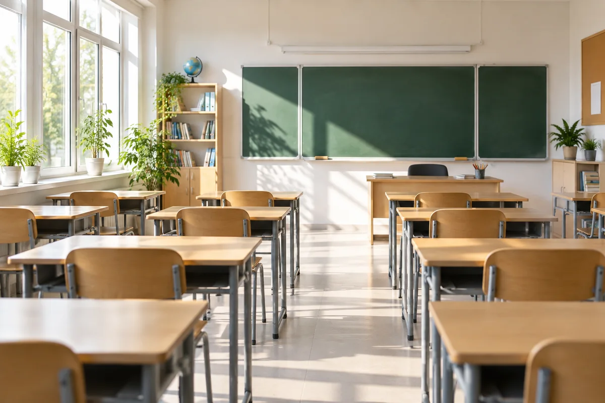 Salle de classe lumineuse vide, illustration générique.