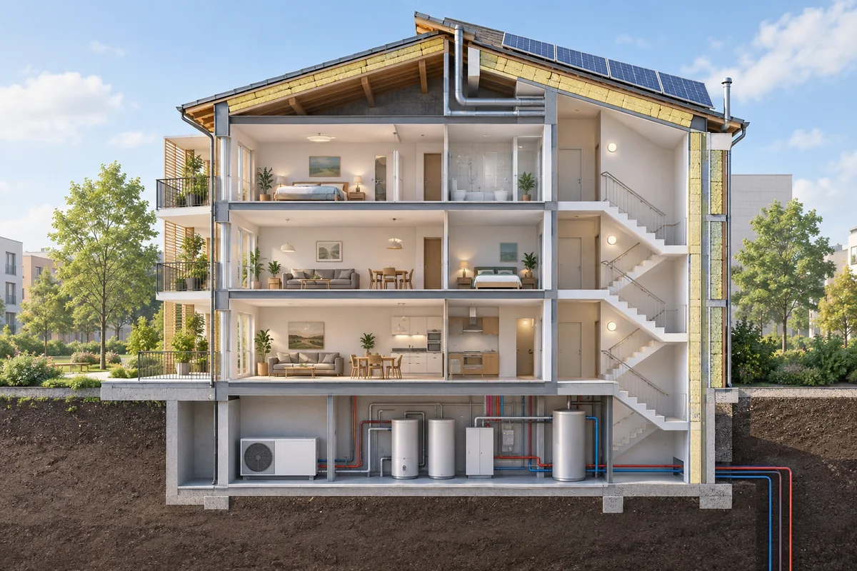 Coupe pédagogique d’un bâtiment rénové, illustration générique.