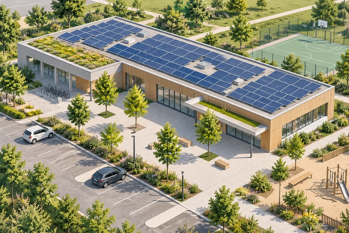 Vue isométrique d’un équipement public solaire, illustration générique.