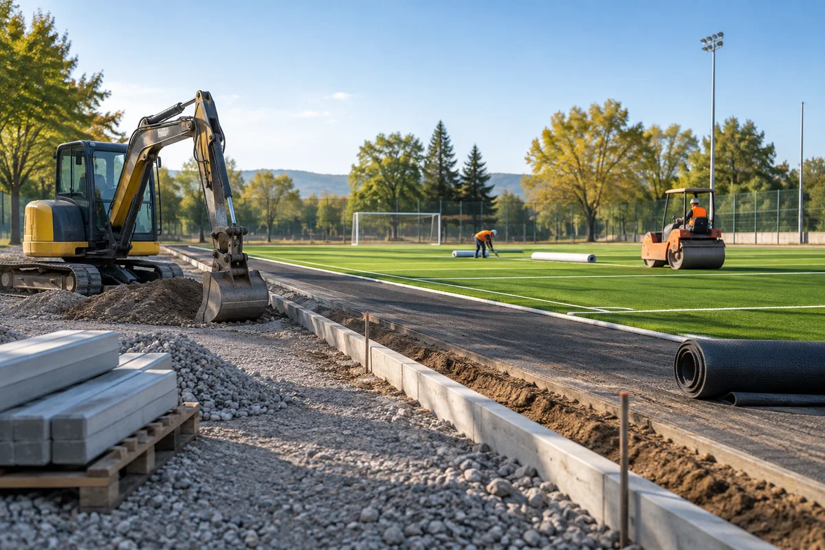 Chantier d’un terrain sportif, illustration générique.
