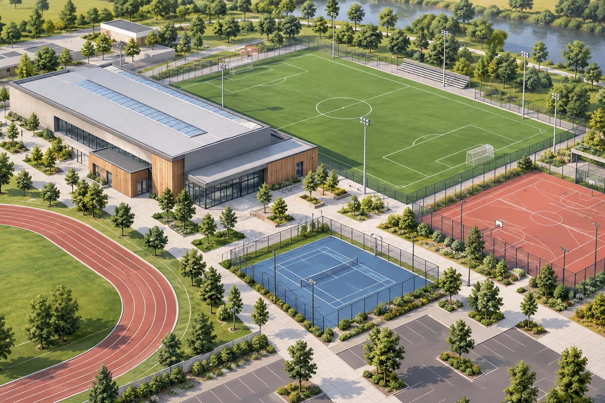 Vue isométrique d’un complexe sportif, illustration générique.
